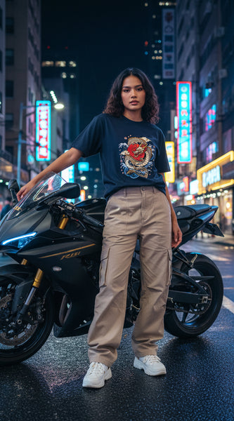Navy Blue t-shirt with a dragon design on a white background