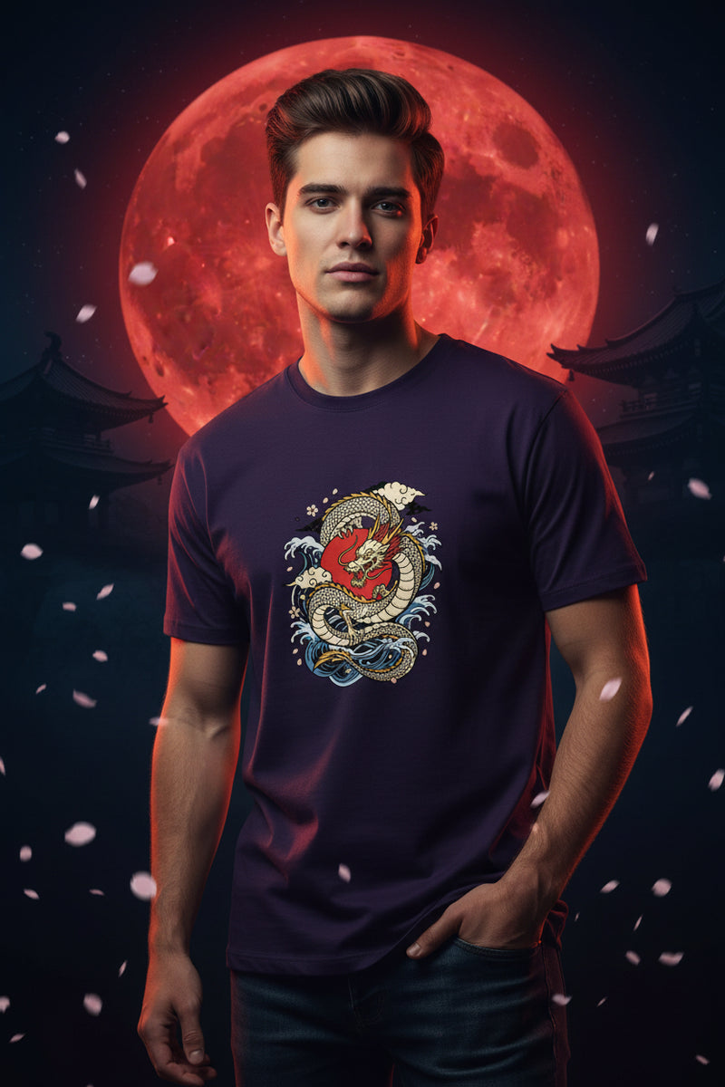 Purple t-shirt with a dragon design on a white background