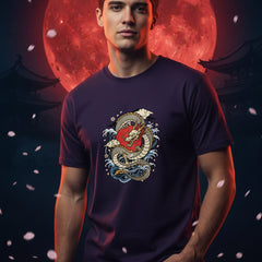 Purple t-shirt with a dragon design on a white background