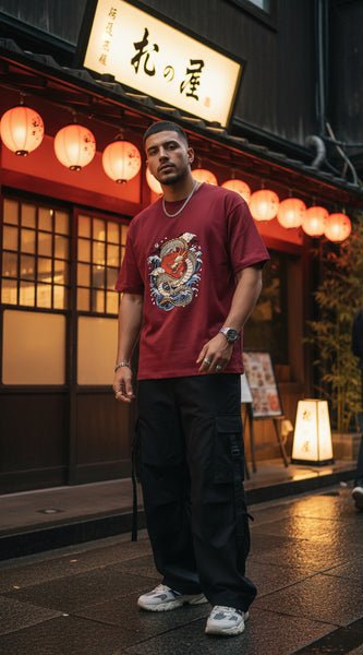 Maroon t-shirt with a dragon design on a white background