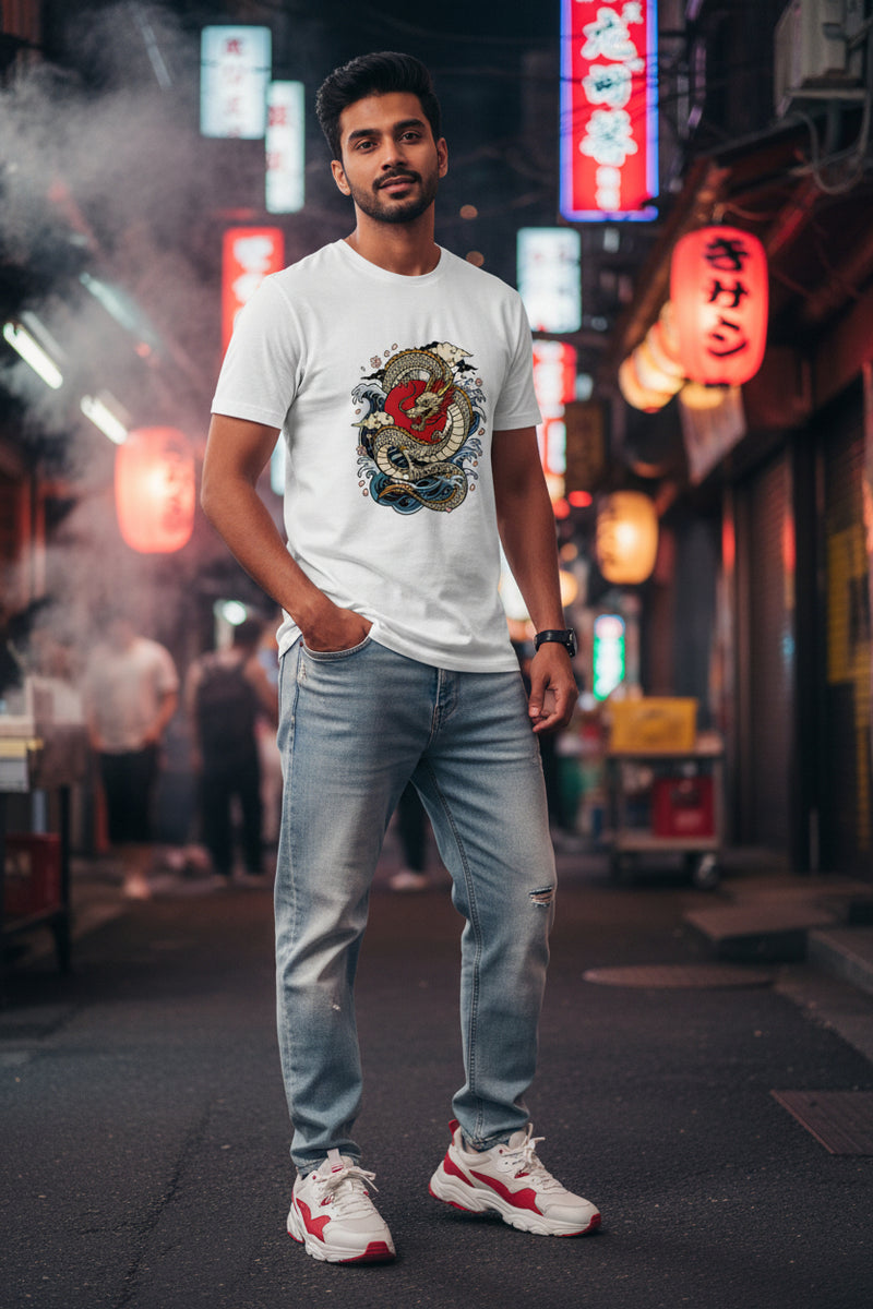 Japanese Dragon Rising Sun Graphic Unisex Basic T-Shirt | Byfila