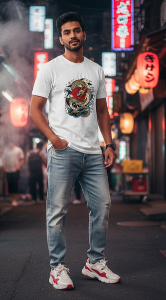Japanese Dragon Rising Sun Graphic Unisex Basic T-Shirt | Byfila
