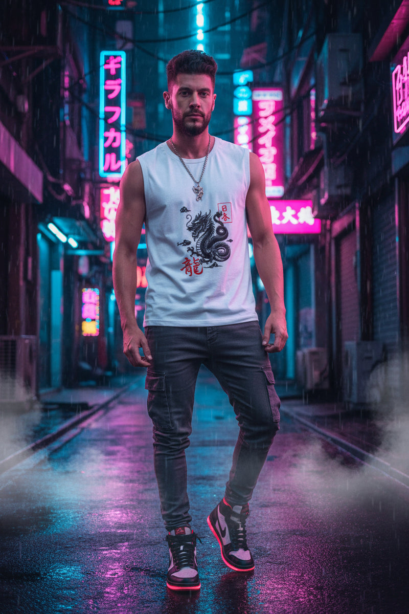 Man wearing a sleeveless shirt with a dragon design on a plain background
