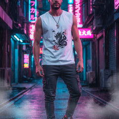 Man wearing a sleeveless shirt with a dragon design on a plain background