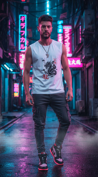 Man wearing a sleeveless shirt with a dragon design on a plain background