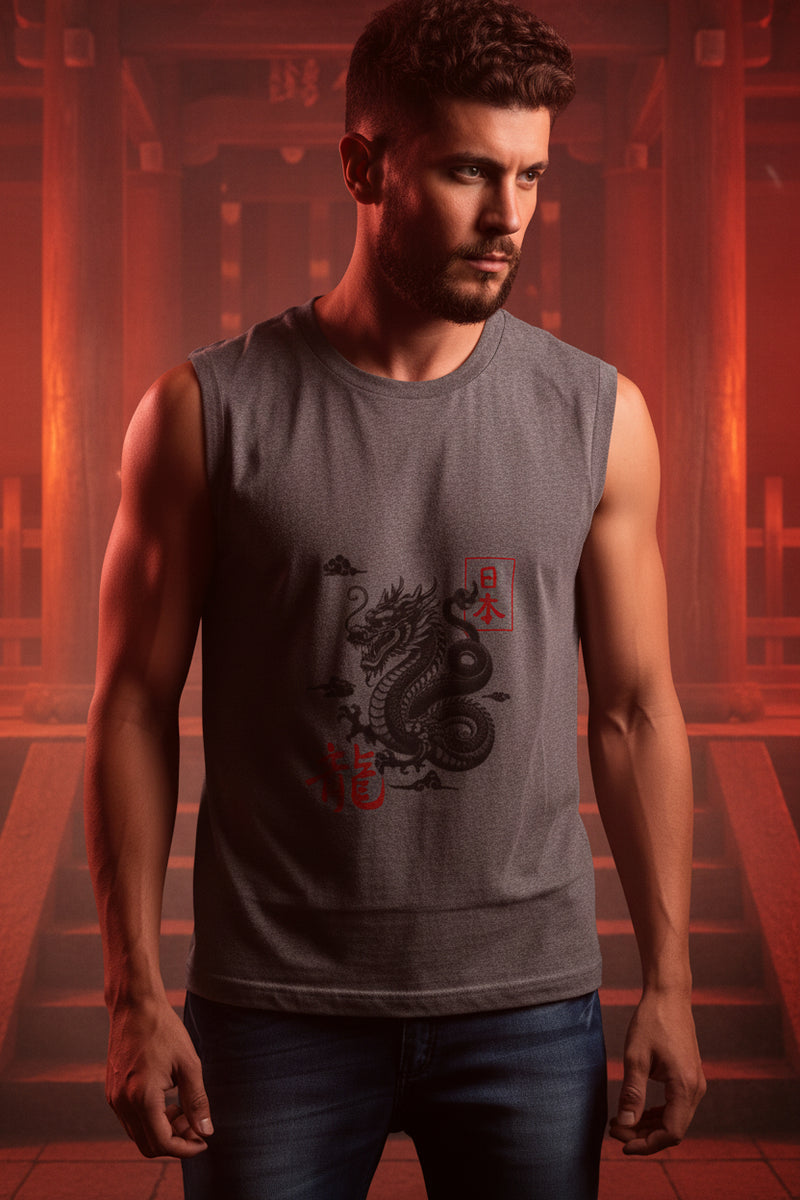 Man wearing a sleeveless gray shirt with a dragon design on a plain background