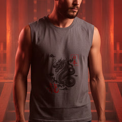 Man wearing a sleeveless gray shirt with a dragon design on a plain background