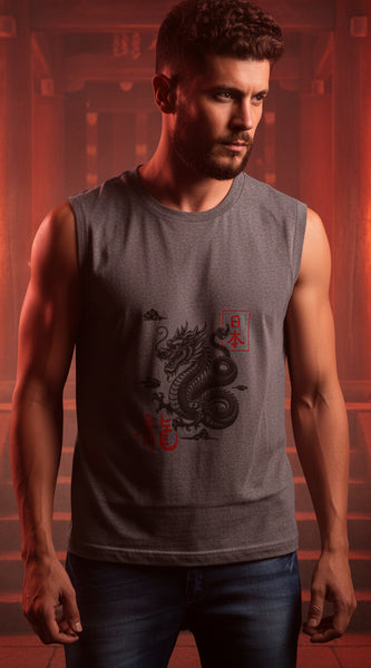 Man wearing a sleeveless gray shirt with a dragon design on a plain background