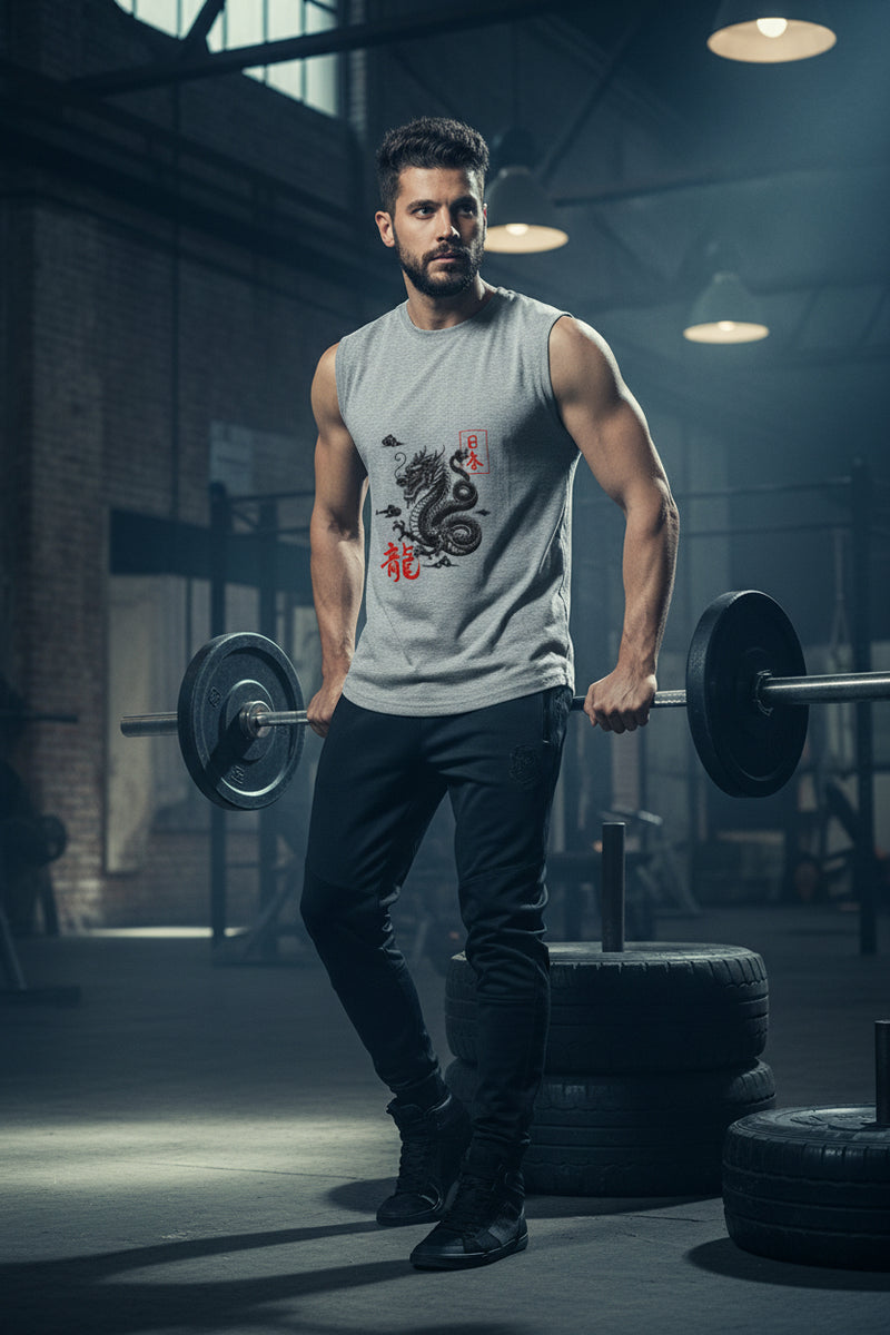 Man wearing a sleeveless gray shirt with a dragon design on a plain background