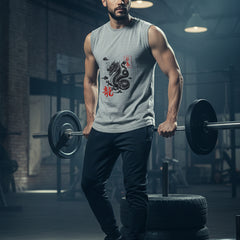 Man wearing a sleeveless gray shirt with a dragon design on a plain background