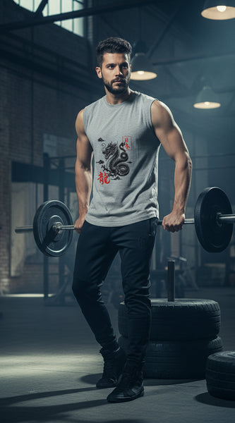 Man wearing a sleeveless gray shirt with a dragon design on a plain background