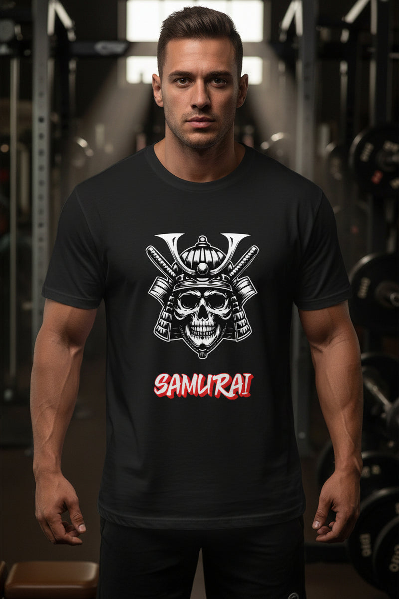 Dark Grey t-shirt with a skull and katana design and 'Samurai' text on a white background