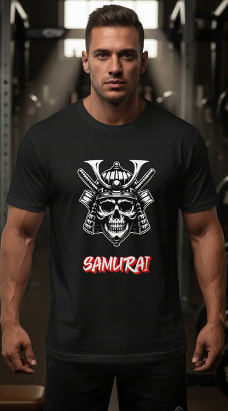 Dark Grey t-shirt with a skull and katana design and 'Samurai' text on a white background