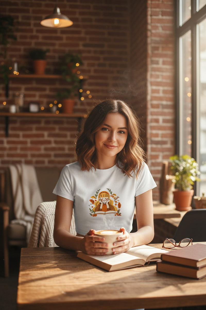 Black t-shirt with a cartoon character design on a white background