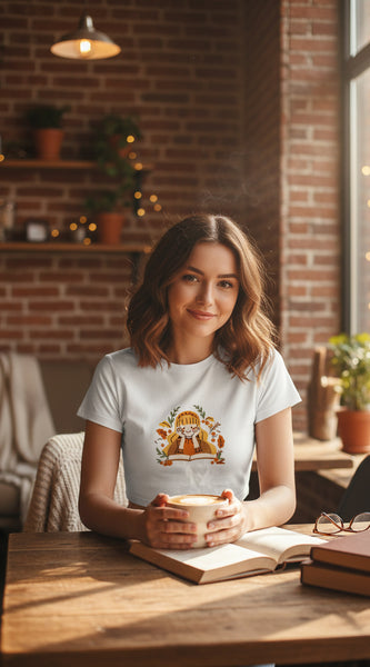 Black t-shirt with a cartoon character design on a white background
