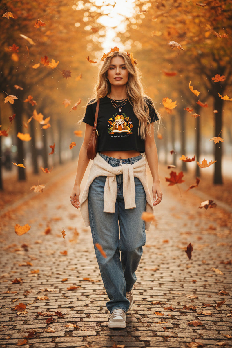 Blue t-shirt with a graphic of a girl reading a book surrounded by nature elements on a white background.