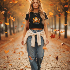 Blue t-shirt with a graphic of a girl reading a book surrounded by nature elements on a white background.