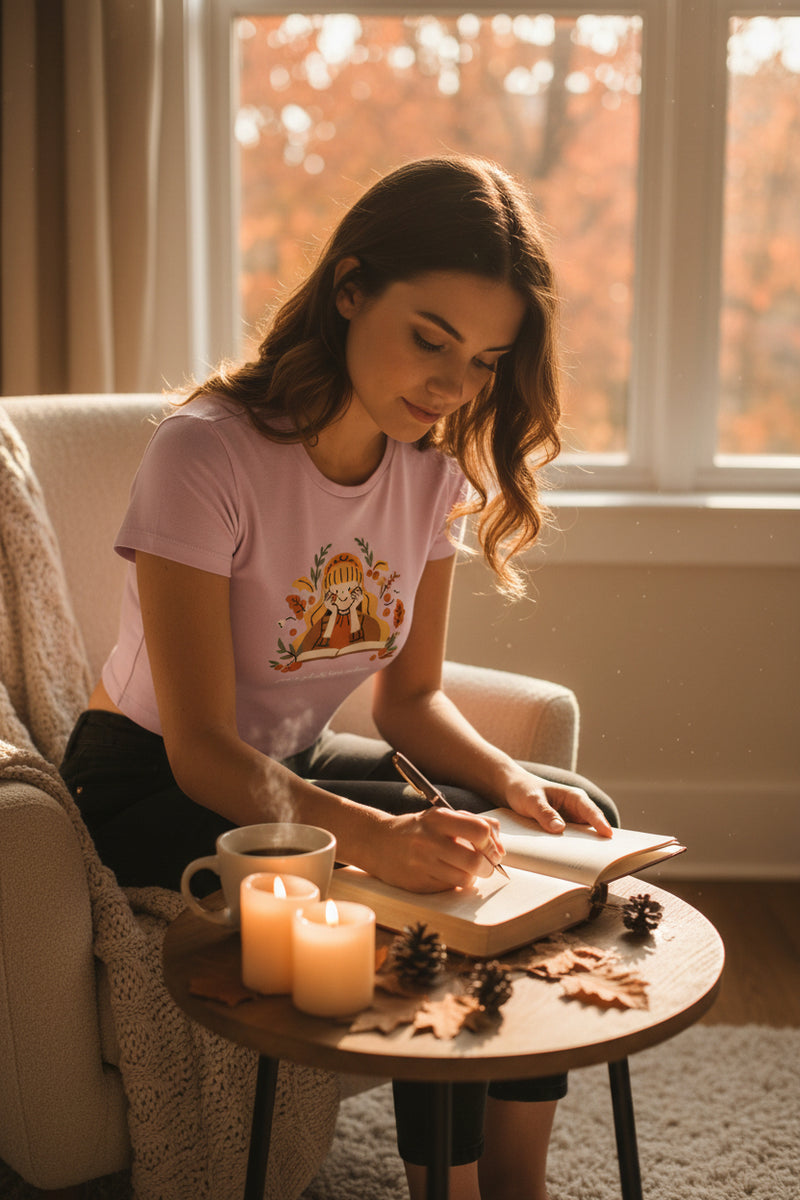 Pink t-shirt with a graphic design of a girl in a dress and flowers on a white background