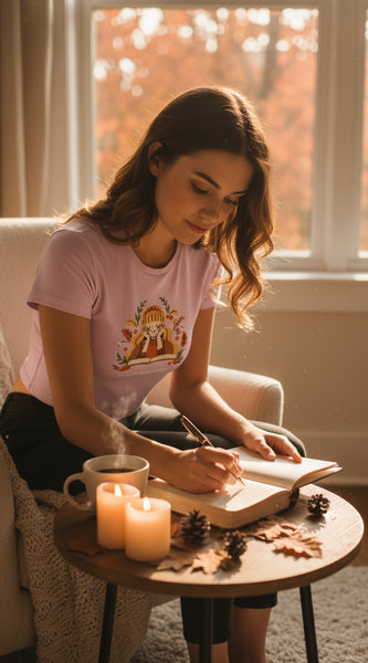 Pink t-shirt with a graphic design of a girl in a dress and flowers on a white background