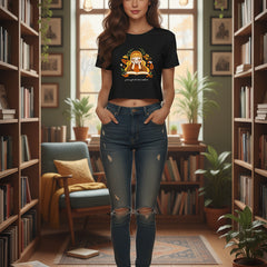 Black t-shirt with a graphic of a girl reading a book surrounded by nature elements on a white background.