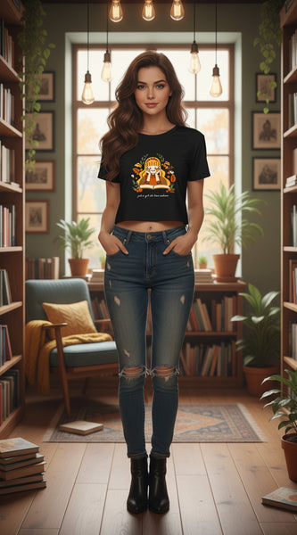 Black t-shirt with a graphic of a girl reading a book surrounded by nature elements on a white background.