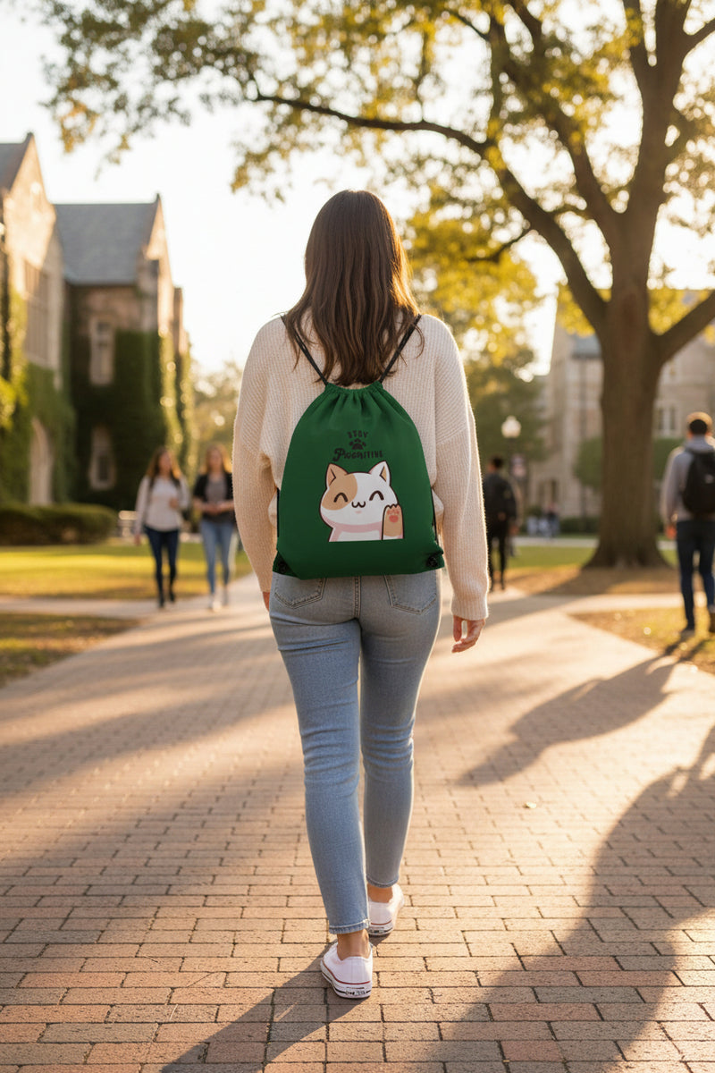 Green drawstring bag with a cat illustration and 'Stay Positive' text on a light gray background