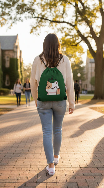 Green drawstring bag with a cat illustration and 'Stay Positive' text on a light gray background