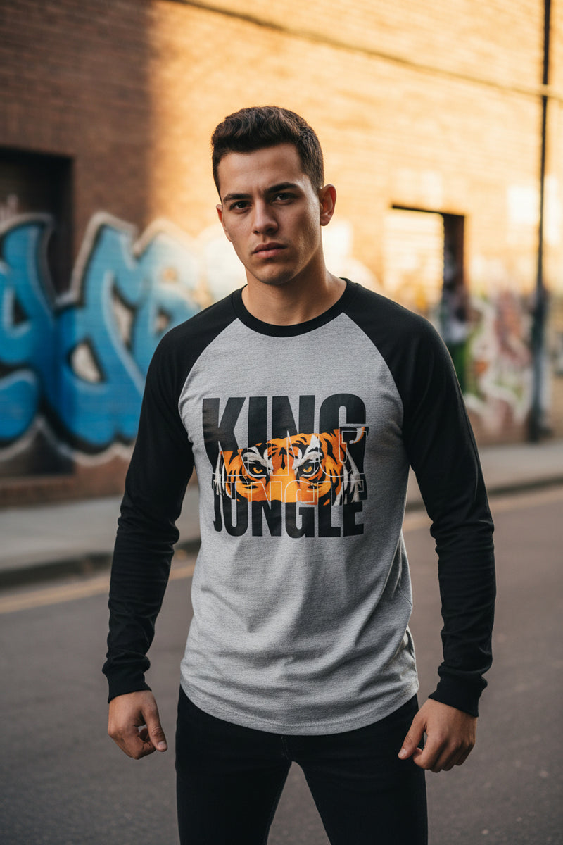Gray and black long-sleeve shirt with 'King of the Jungle' text and tiger graphic on a white background