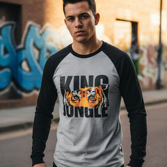 Gray and black long-sleeve shirt with 'King of the Jungle' text and tiger graphic on a white background