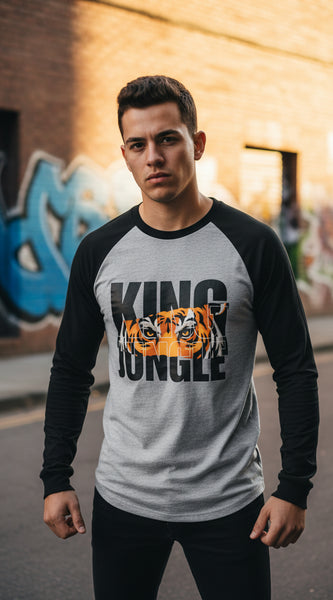 Gray and black long-sleeve shirt with 'King of the Jungle' text and tiger graphic on a white background