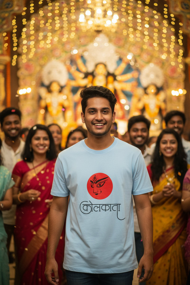 Light blue t-shirt with a red circular design and black text on a white background