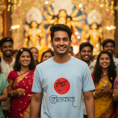 Light blue t-shirt with a red circular design and black text on a white background