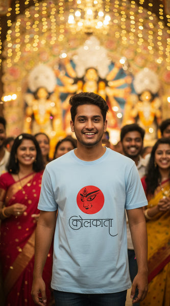 Light blue t-shirt with a red circular design and black text on a white background