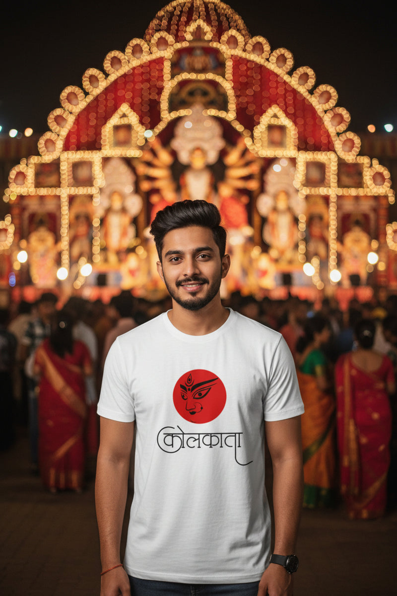 White t-shirt with a red and black design on a white background