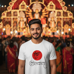 White t-shirt with a red and black design on a white background