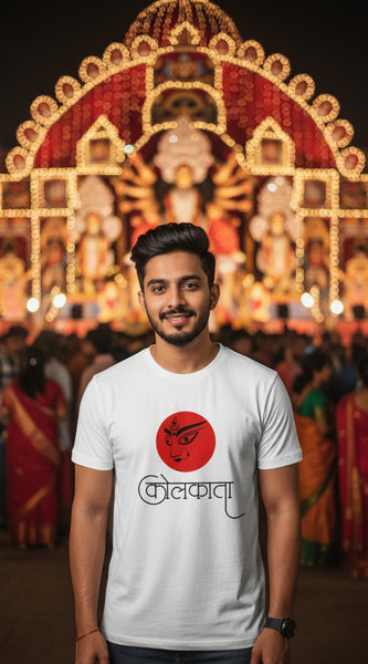 White t-shirt with a red and black design on a white background