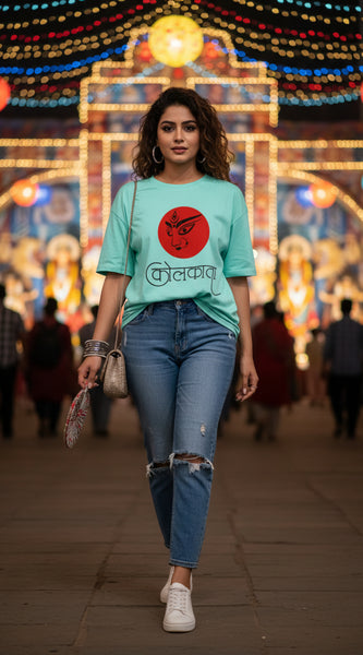 Light blue t-shirt with a red circular design and black text on a white background