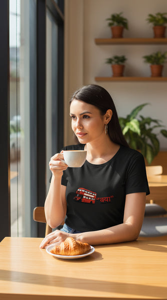 Woman wearing a black t-shirt with a red graphic design on a white background