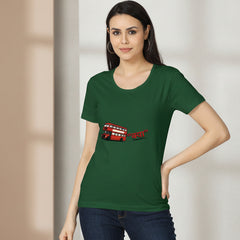 Woman wearing a green t-shirt with a red bus graphic on a white background
