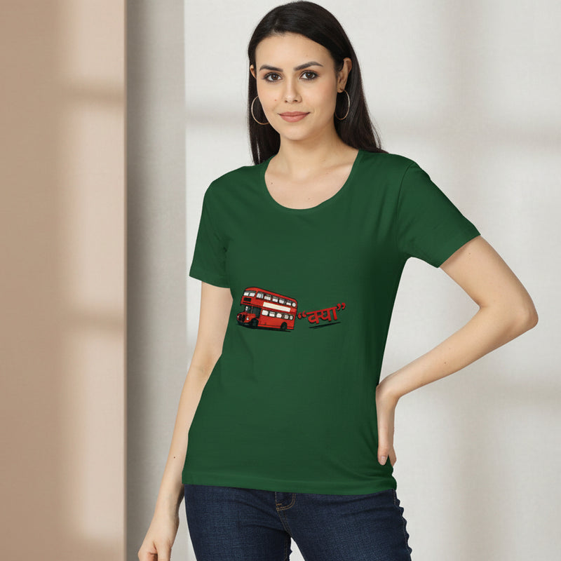 Woman wearing a green t-shirt with a red bus graphic on a white background