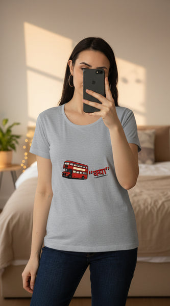 Woman wearing a gray t-shirt with a red double-decker bus graphic on a white background