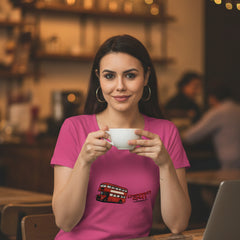 Woman wearing a pink t-shirt with 'Girls Trip 2026' text design on a white background