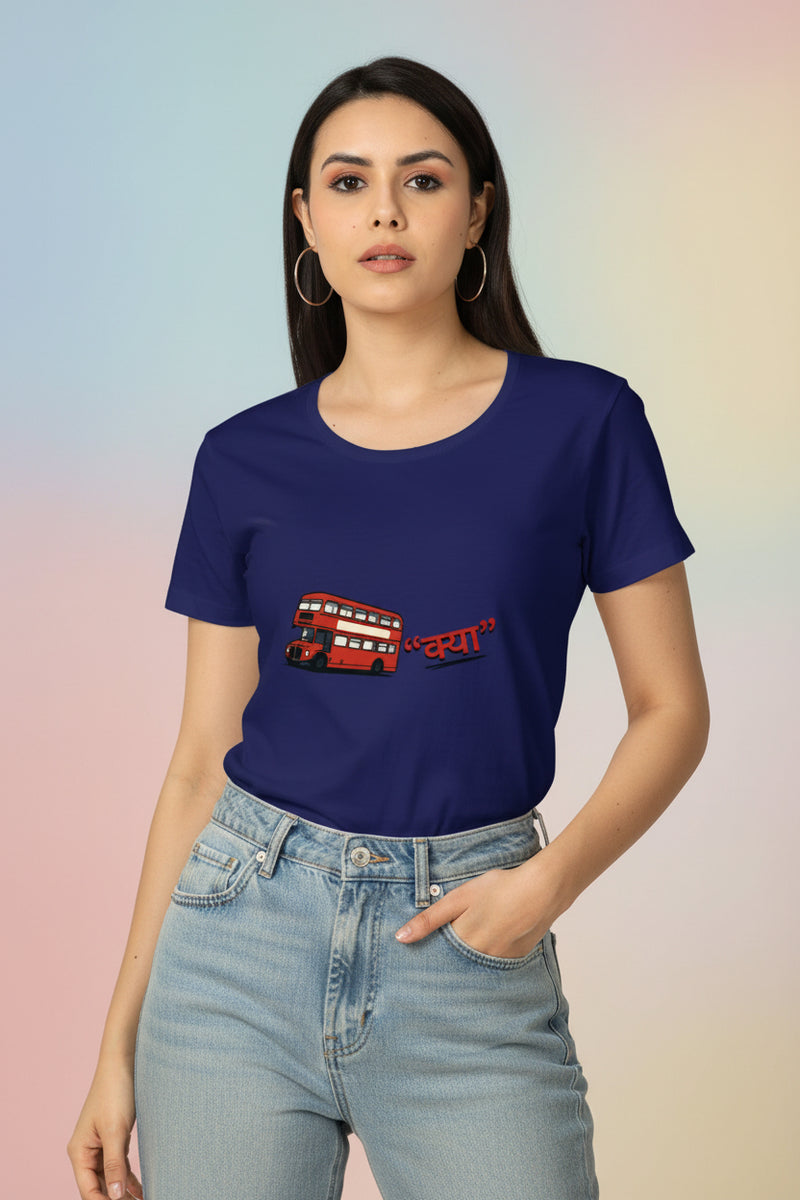 Woman wearing a blue t-shirt with a red graphic design on a white background