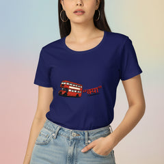 Woman wearing a blue t-shirt with a red graphic design on a white background