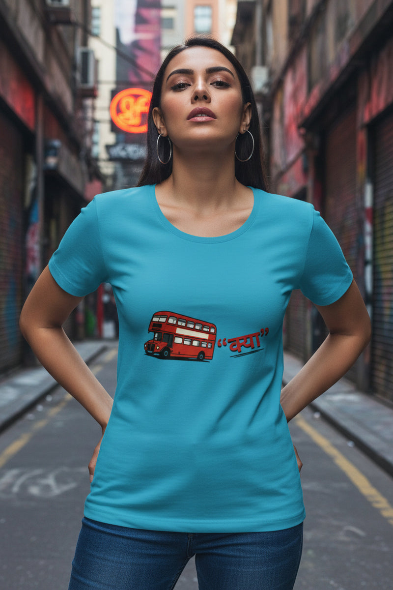 Woman wearing a blue t-shirt with a red double-decker bus graphic on a white background