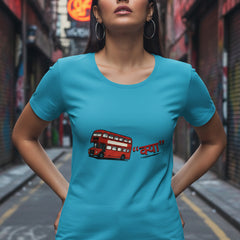 Woman wearing a blue t-shirt with a red double-decker bus graphic on a white background