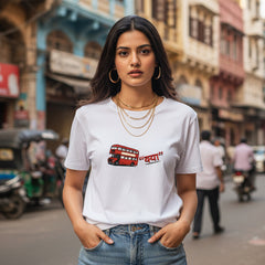 Woman wearing a white t-shirt with a red double-decker bus graphic and text on a white background