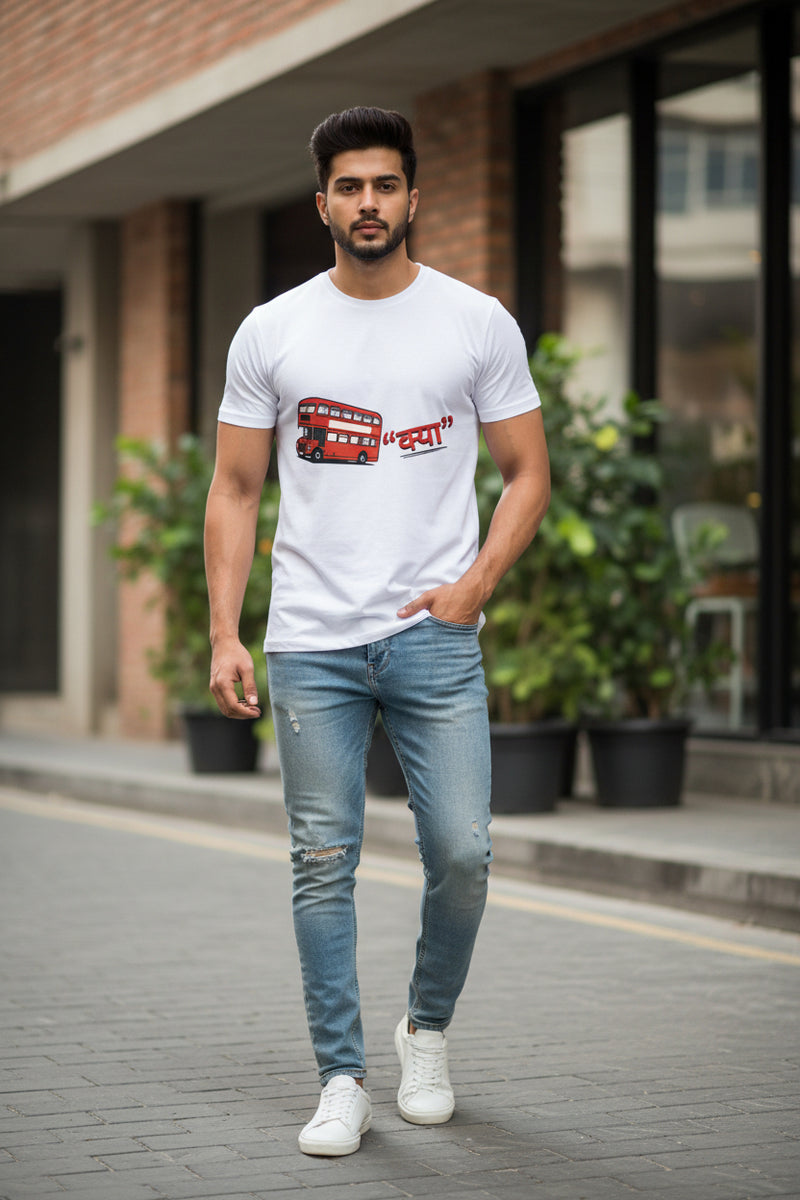 White t-shirt with a red double-decker bus graphic and text on a white background