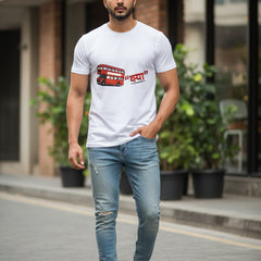 White t-shirt with a red double-decker bus graphic and text on a white background