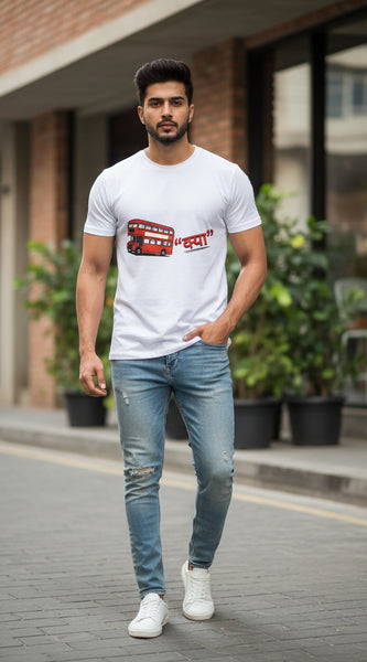 White t-shirt with a red double-decker bus graphic and text on a white background